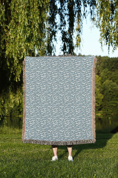 Baby Blue White Birds Modern Woven Cotton Throw Blankets