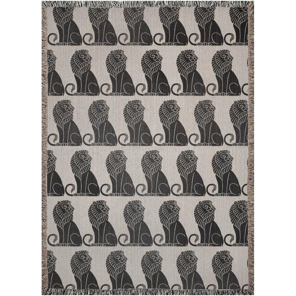 Art Deco Beige And Black Lion Woven Cotton Throw Blankets