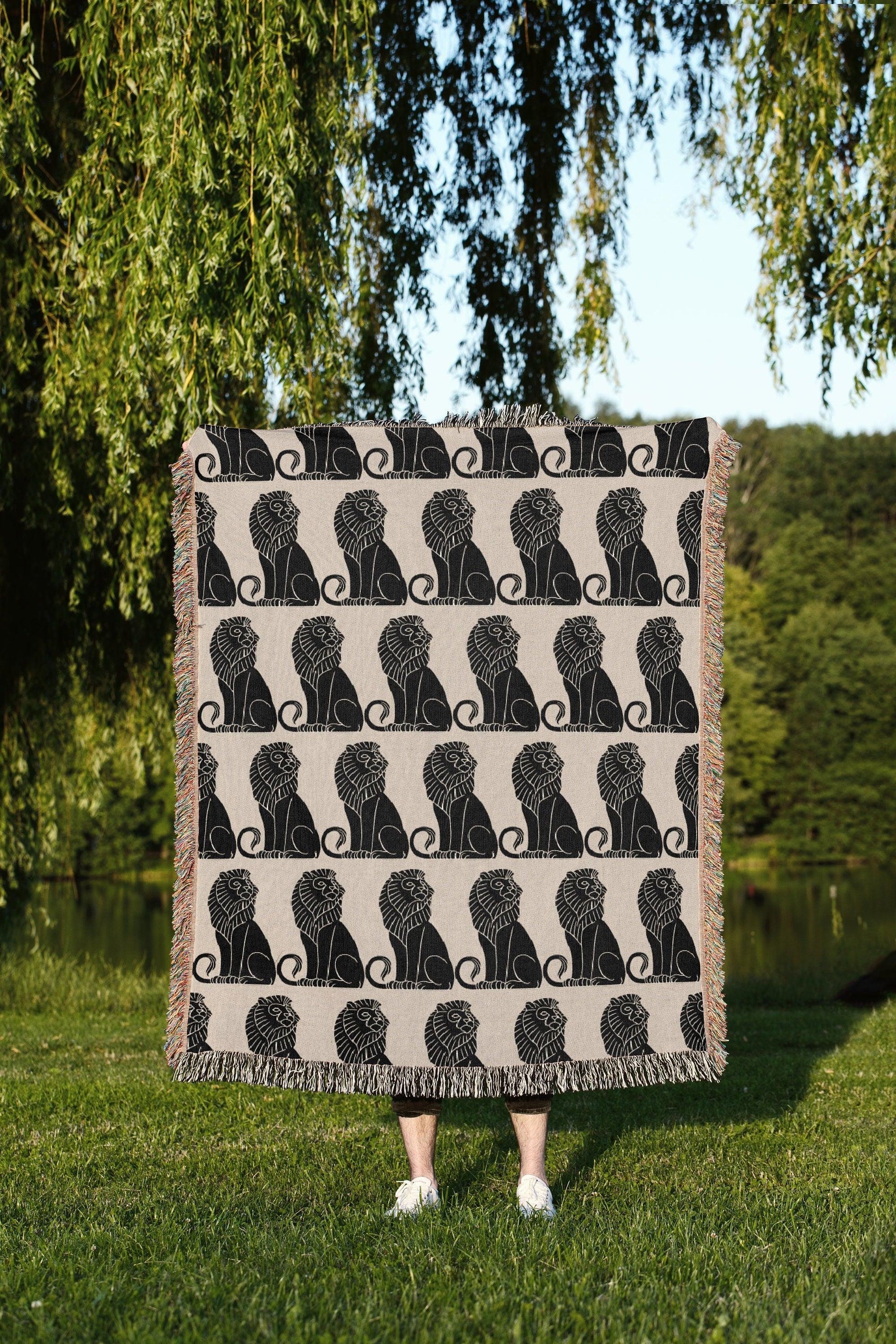 Art Deco Beige And Black Lion Woven Cotton Throw Blankets