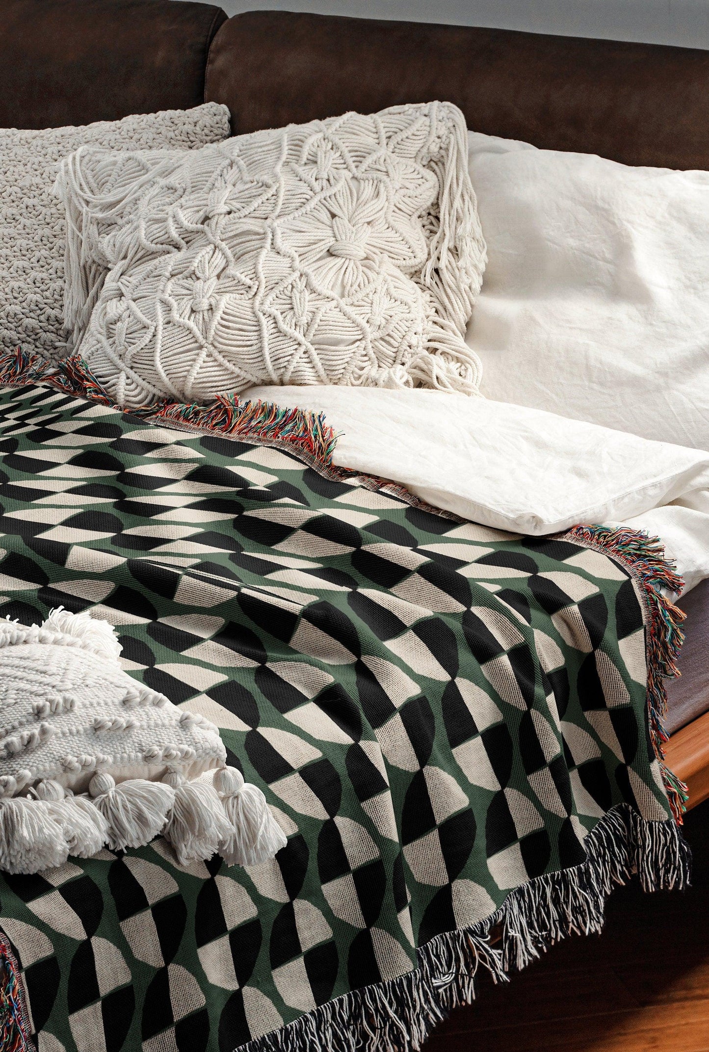 Bauhaus-Inspired Green, Black, and White Woven Cotton Throw