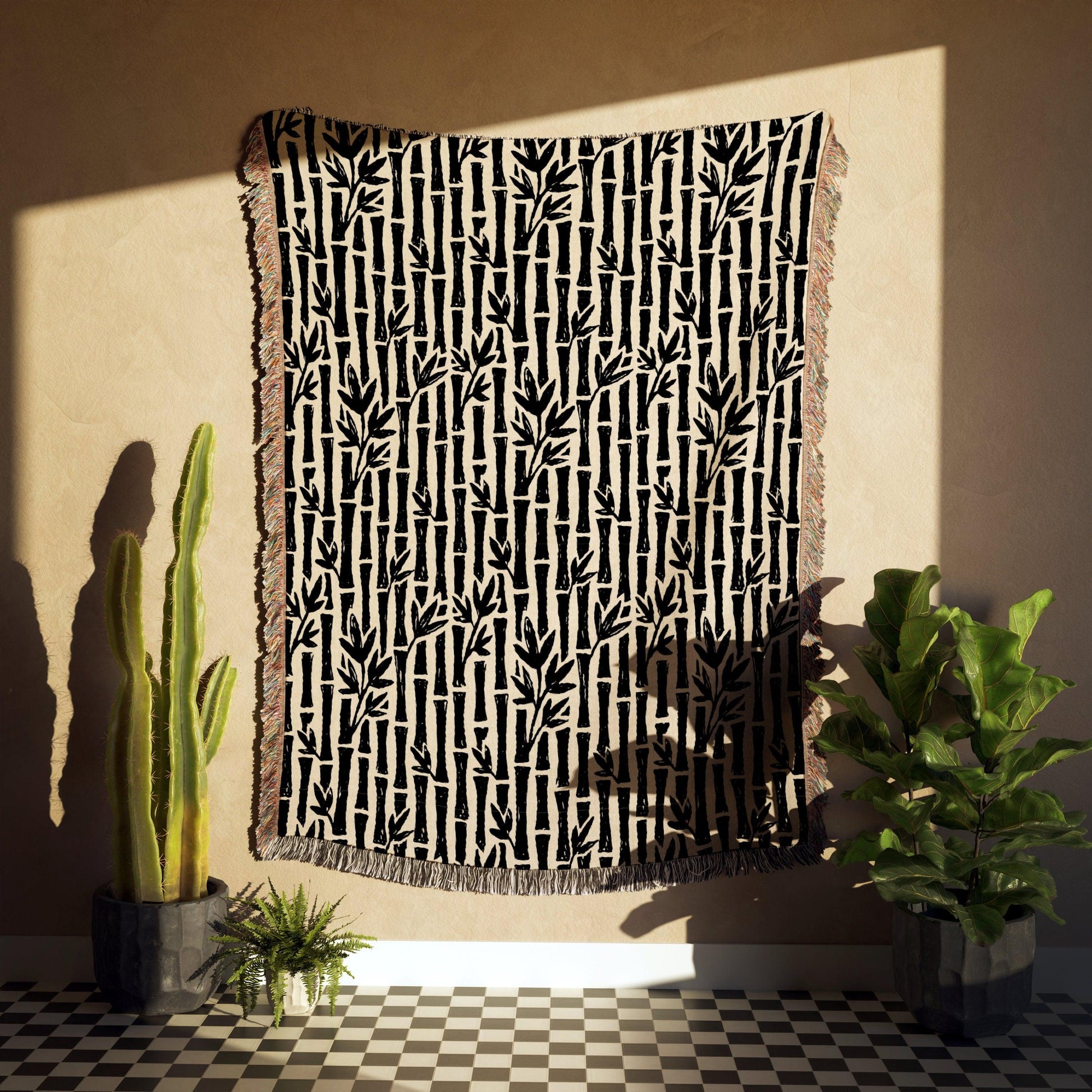 Black And Beige Bamboo Pattern Woven Cotton Throw Blankets