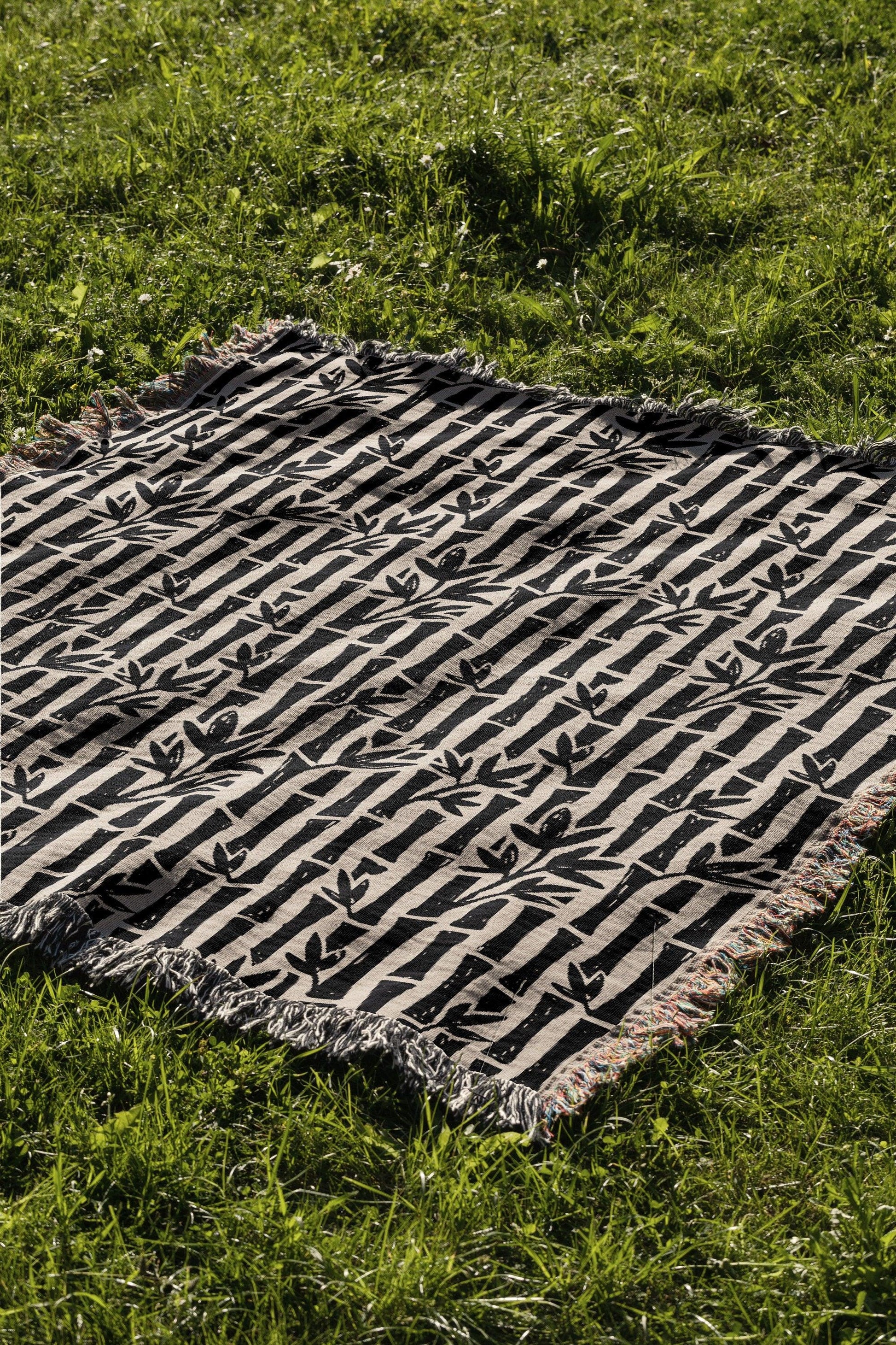 Black And Beige Bamboo Pattern Woven Cotton Throw Blankets