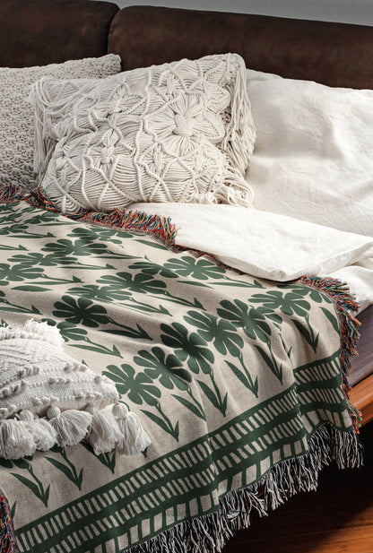 Green Bohemian Floral Striped Woven Cotton Throw Blankets