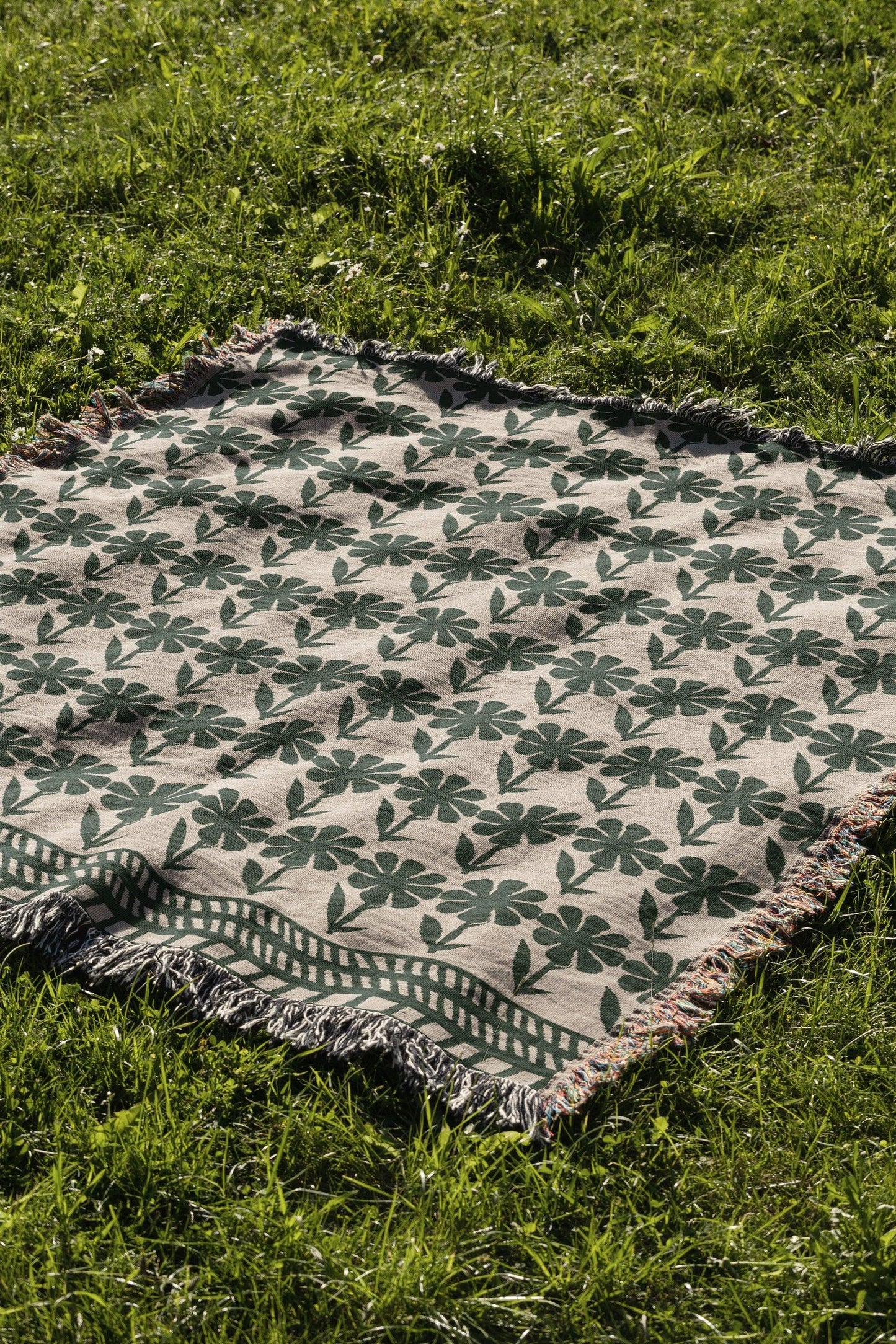 Green Bohemian Floral Striped Woven Cotton Throw Blankets