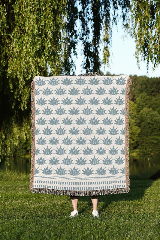 Blue Bohemian Lotus Floral Striped Woven Cotton Throw Blankets