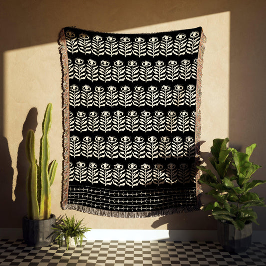 Black And Beige Floral Eye Bohemian Woven Cotton Throw Blankets