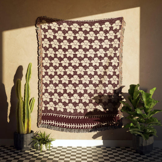 Maroon And Beige Floral Striped Bohemian Woven Cotton Throw Blankets