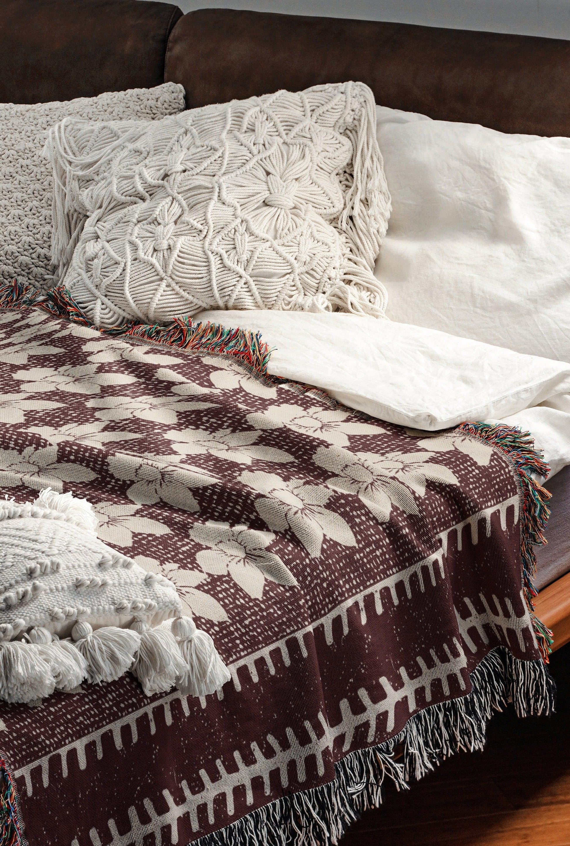 Maroon And Beige Floral Striped Bohemian Woven Cotton Throw Blankets