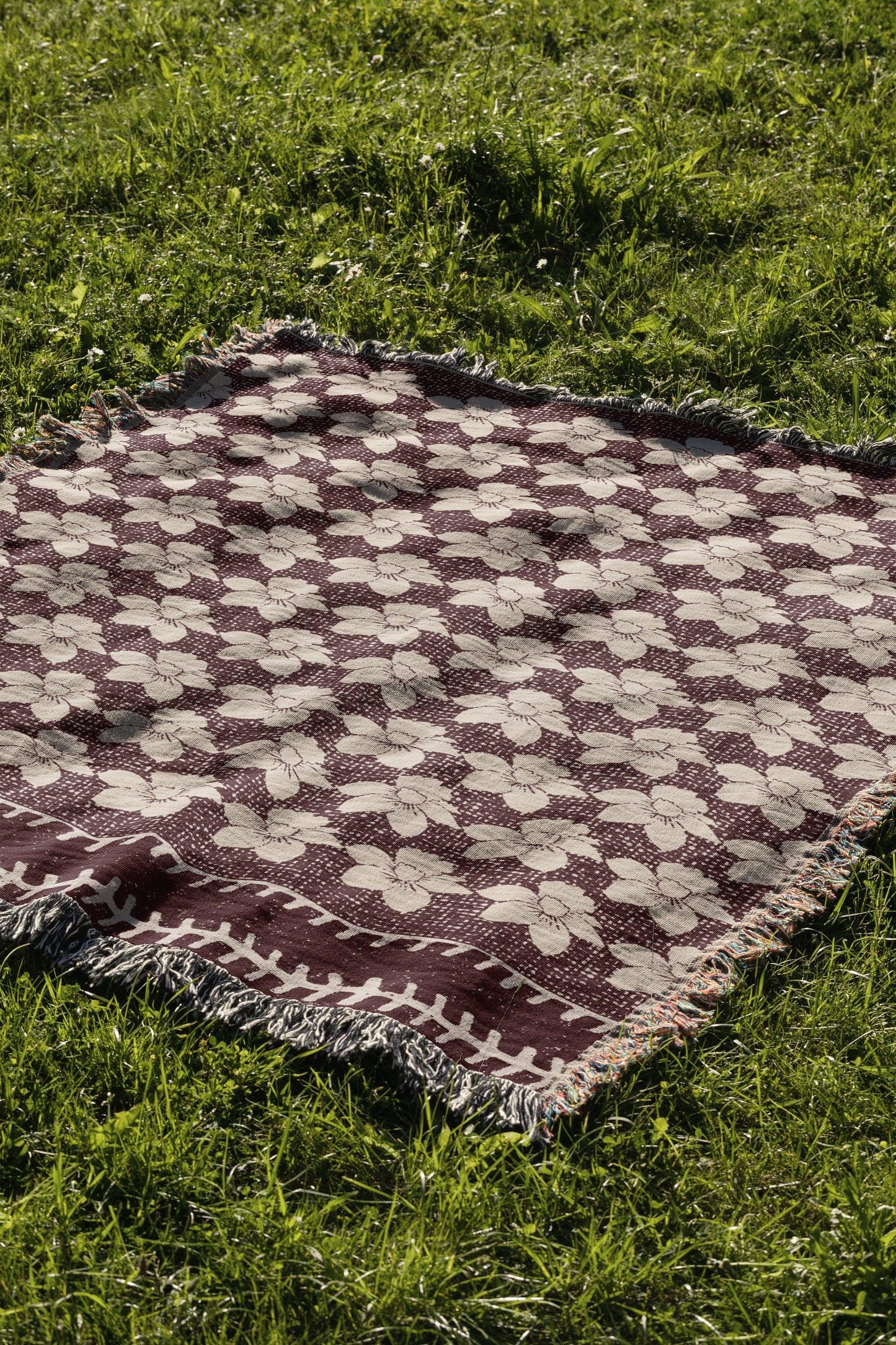 Maroon And Beige Floral Striped Bohemian Woven Cotton Throw Blankets