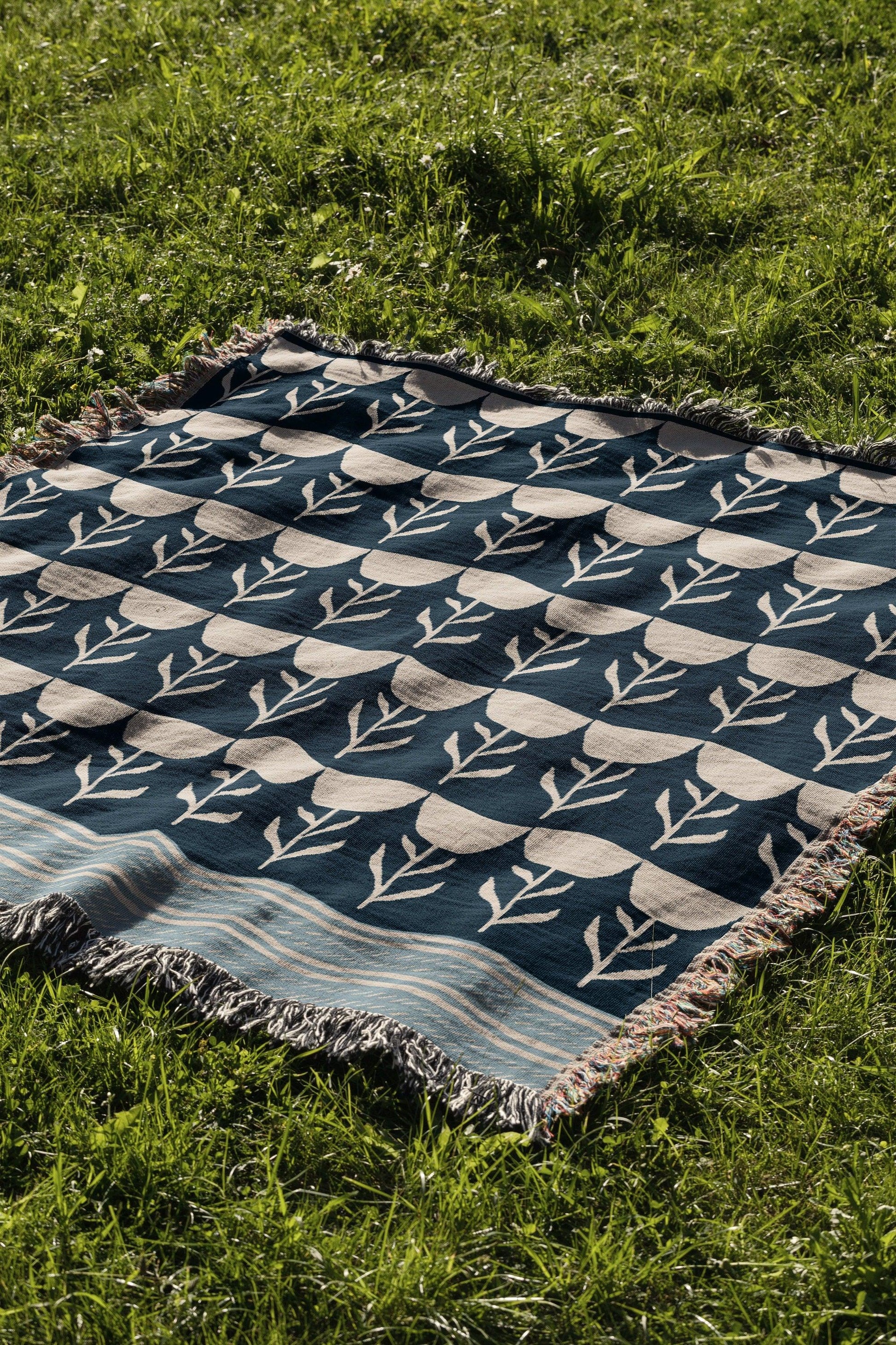 Blue Floral Striped Bohemian Vintage Woven Cotton Throw Blankets