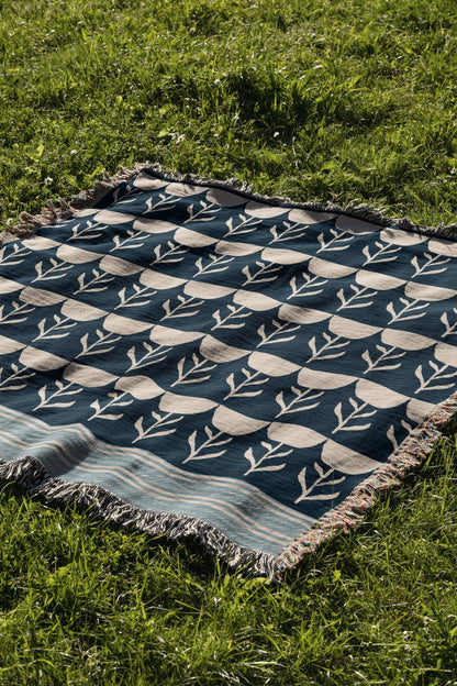 Blue Floral Striped Bohemian Vintage Woven Cotton Throw Blankets