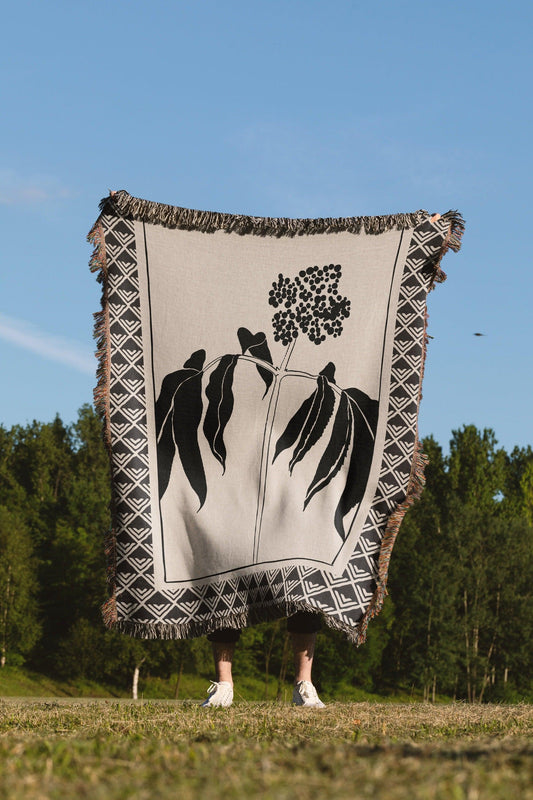 Bohemian Black Beige Geometric Floral Woven Cotton Throw Blankets