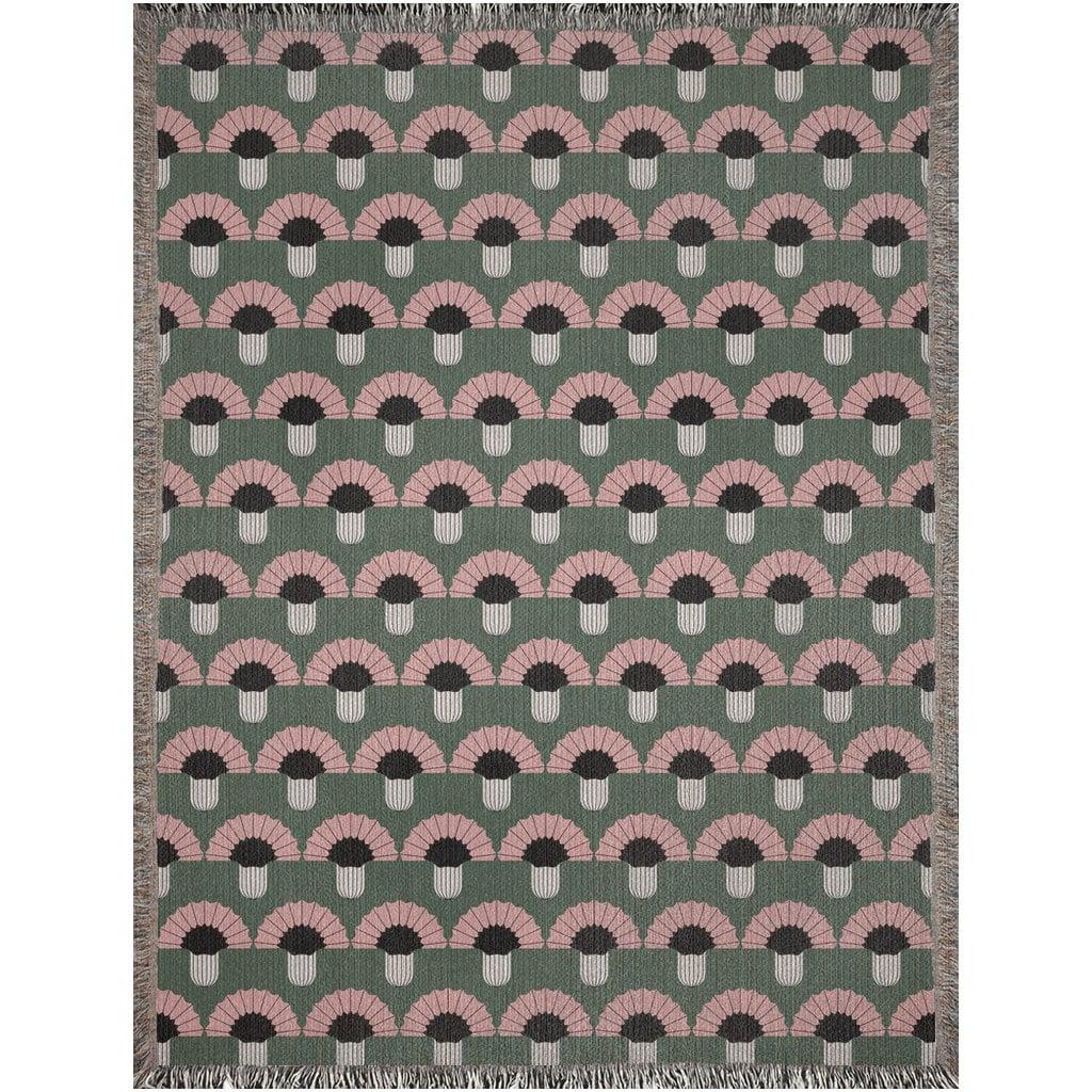 Art Deco Flower Pink And Green Woven Cotton Throw Blankets