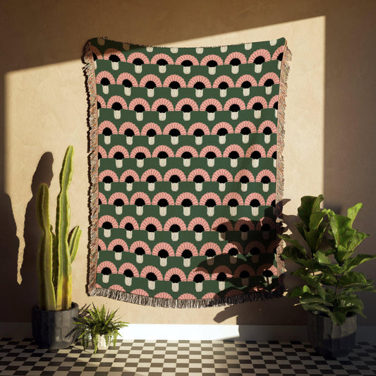 Art Deco Flower Pink And Green Woven Cotton Throw Blankets