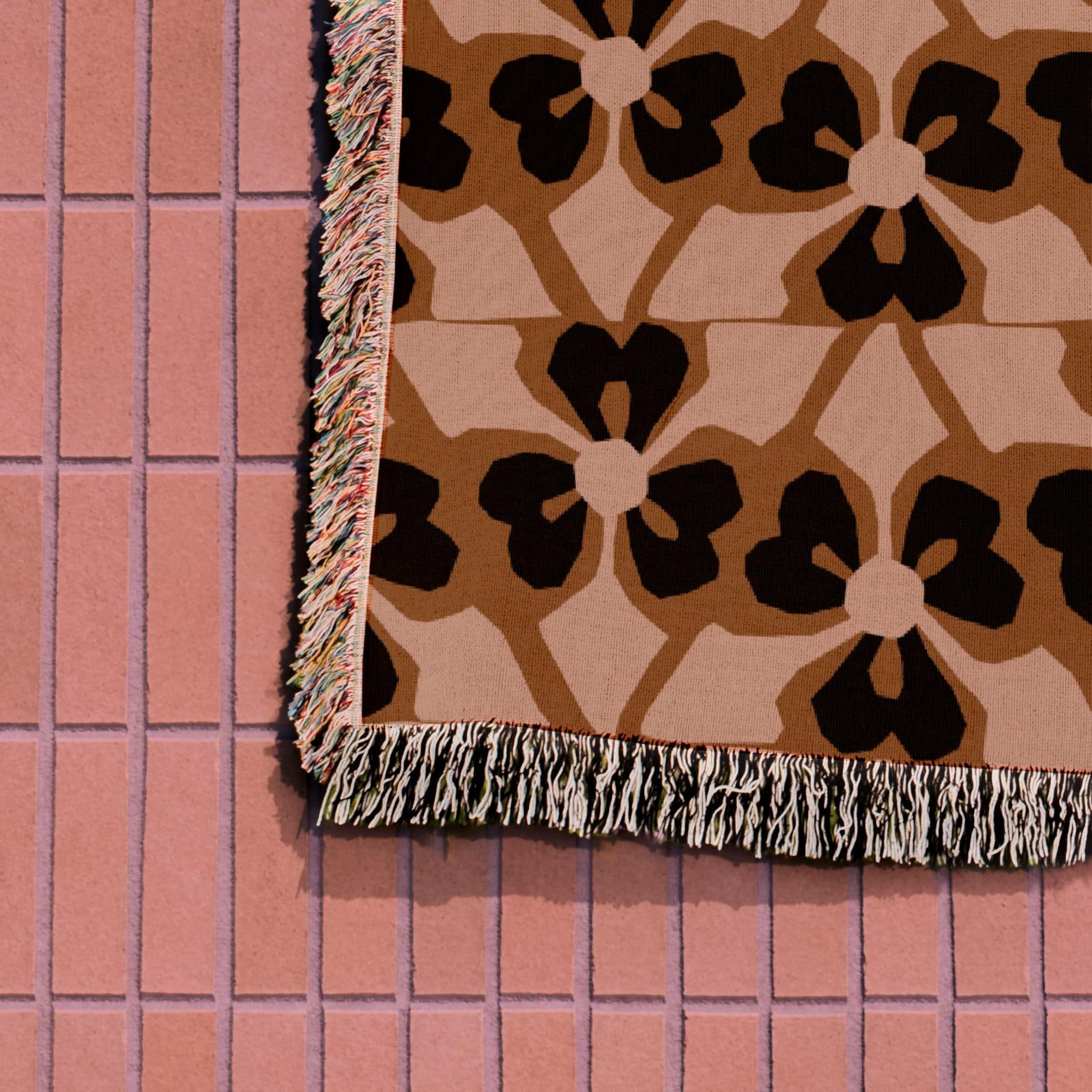 Abstract Pink Brown Black Geometric 1970s Woven Cotton Blankets