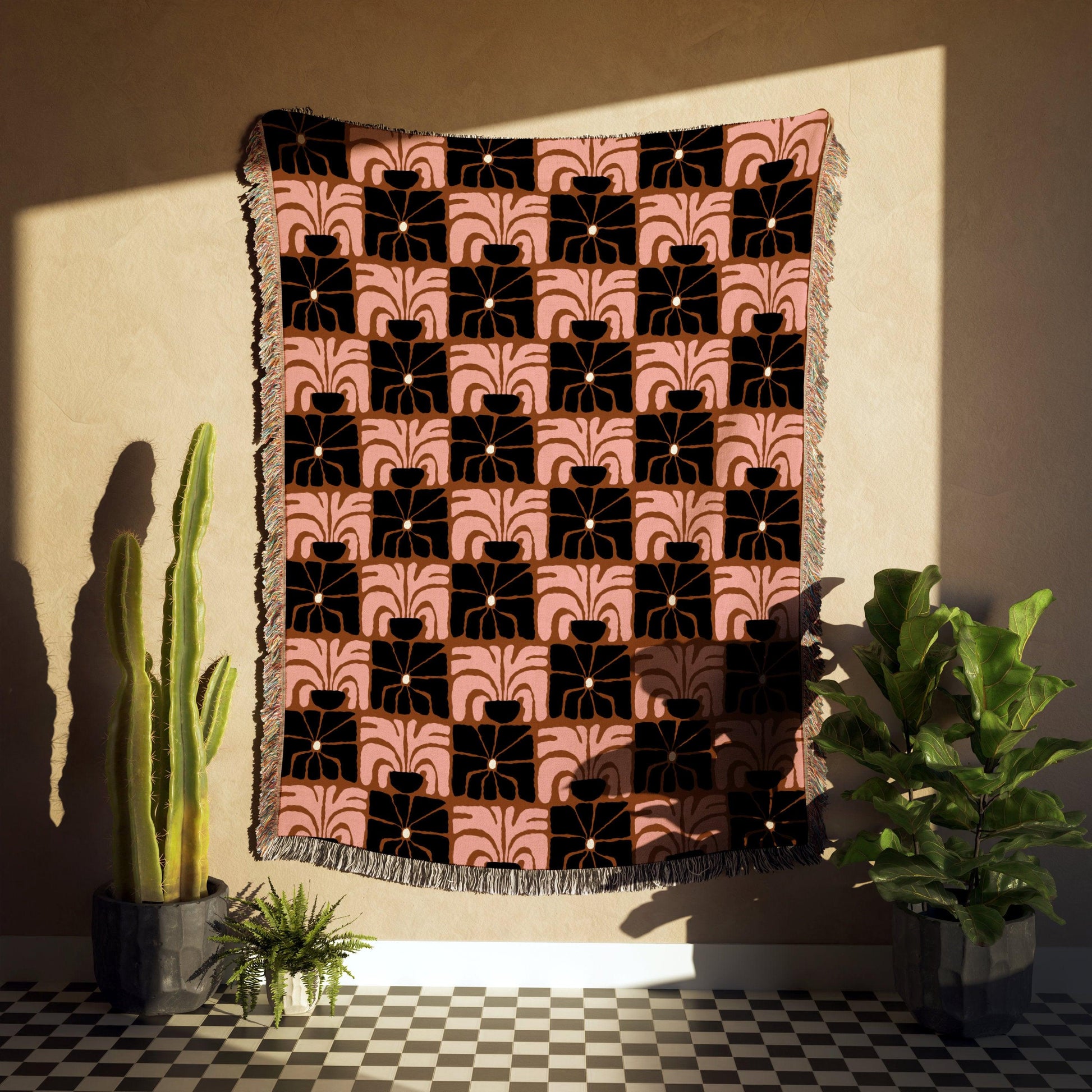 Matisse Style Checker Flowers Pink Brown Black Woven Cotton Throw Blankets