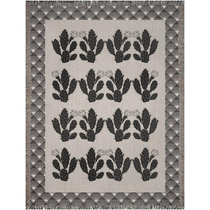 Art Deco Beige And Black Cactus Pattern Woven Cotton Throw Blankets