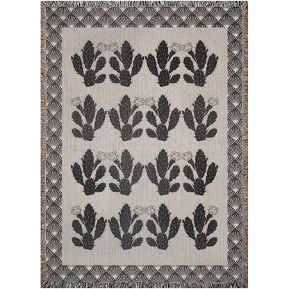 Art Deco Beige And Black Cactus Pattern Woven Cotton Throw Blankets