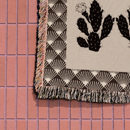 Art Deco Beige And Black Cactus Pattern Woven Cotton Throw Blankets