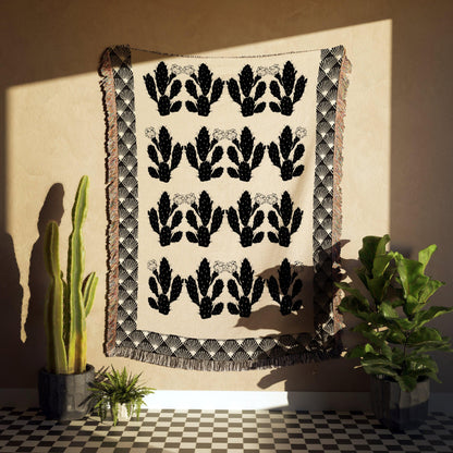 Art Deco Beige And Black Cactus Pattern Woven Cotton Throw Blankets