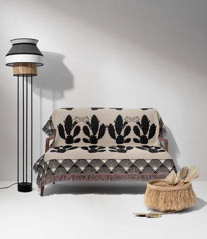 Art Deco Beige And Black Cactus Pattern Woven Cotton Throw Blankets