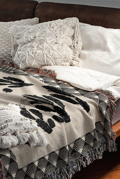 Art Deco Beige And Black Cactus Pattern Woven Cotton Throw Blankets