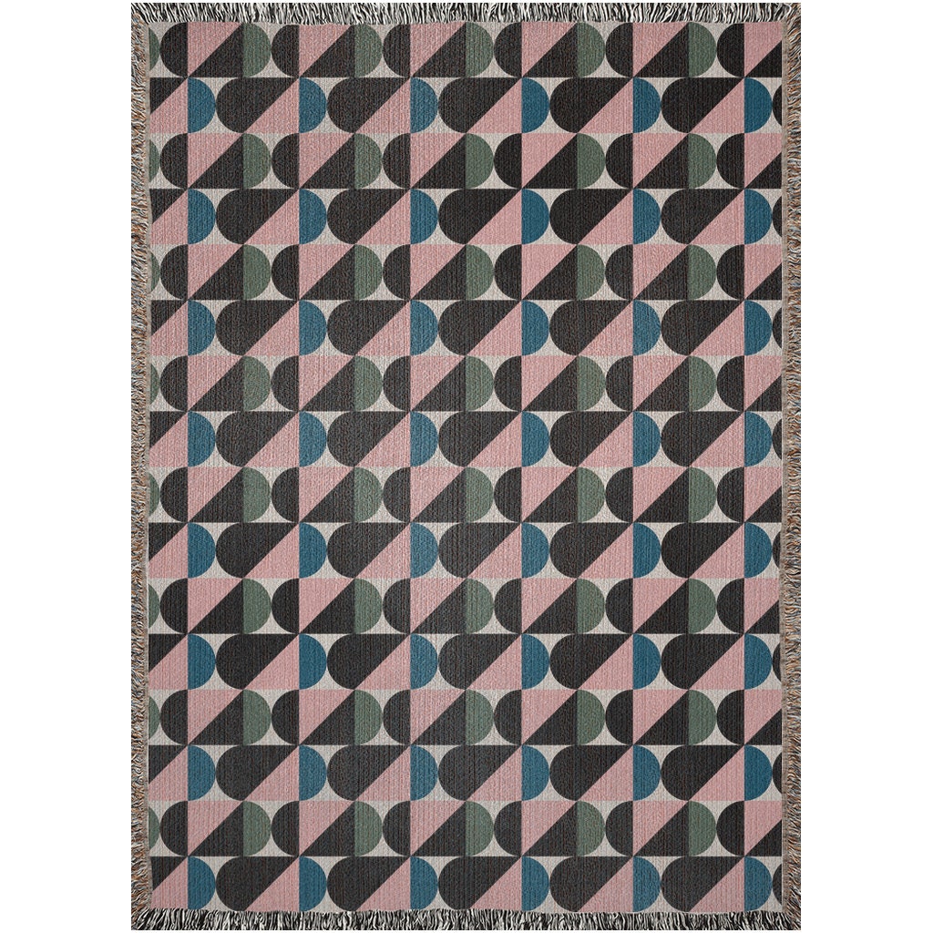 Blue Pink Green Bauhaus Geometric Pattern Woven Blankets