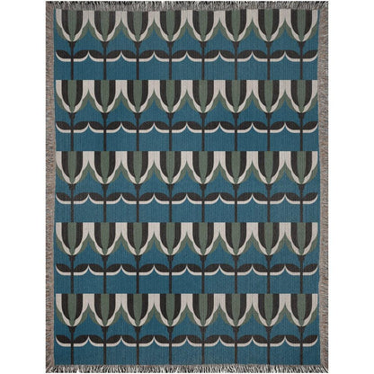 Blue And Green Art Deco Floral Woven Cotton Throw Blankets