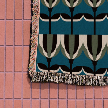 Blue And Green Art Deco Floral Woven Cotton Throw Blankets
