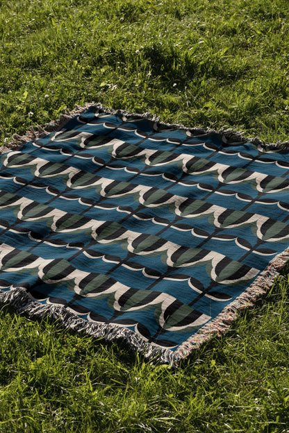 Blue And Green Art Deco Floral Woven Cotton Throw Blankets