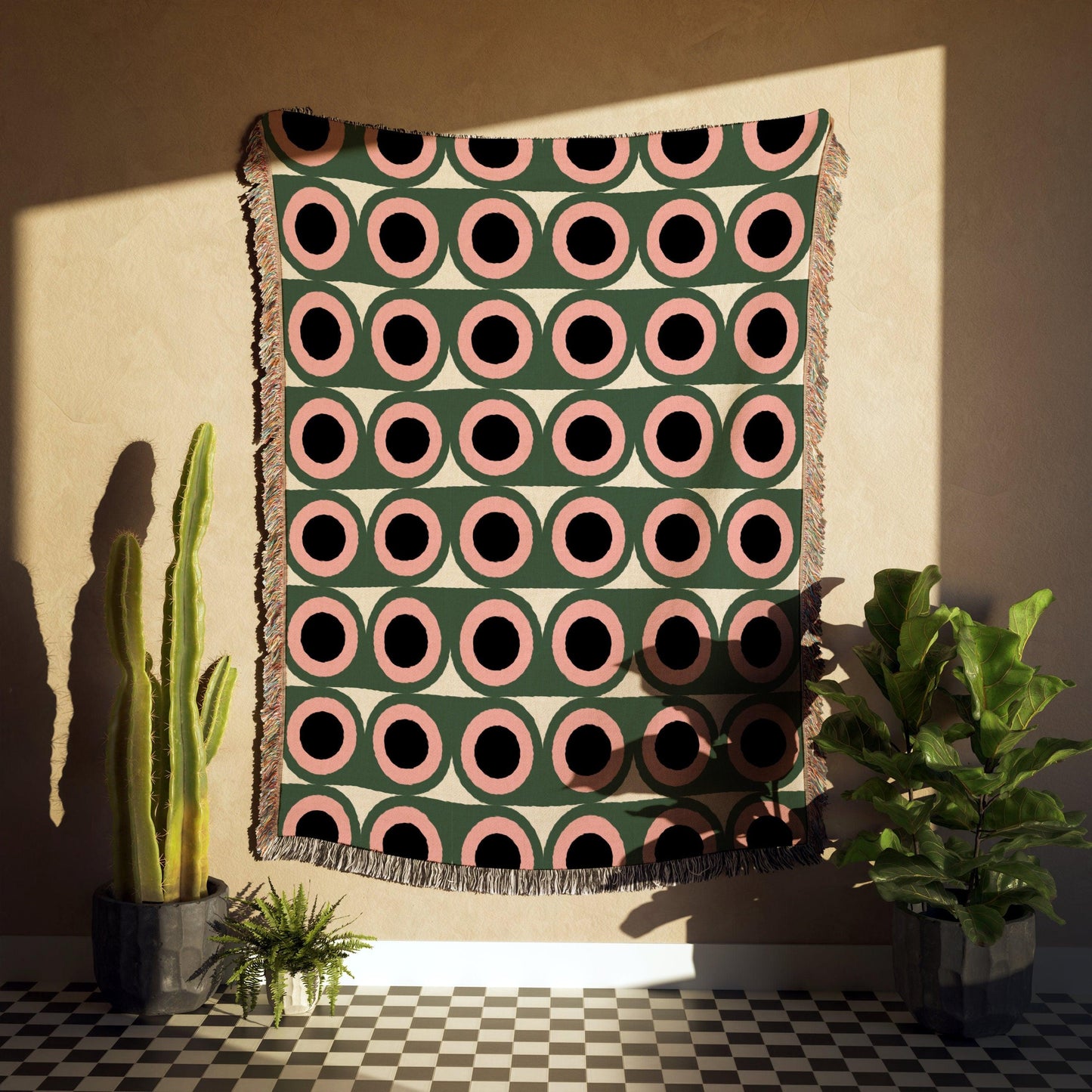 Modern Geometric Pink Green Pattern Woven Cotton Throw Blankets