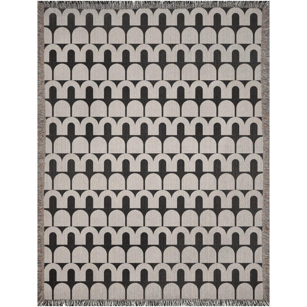 Beige And Black Arches Mid Century Modern Woven Cotton Throw Blankets