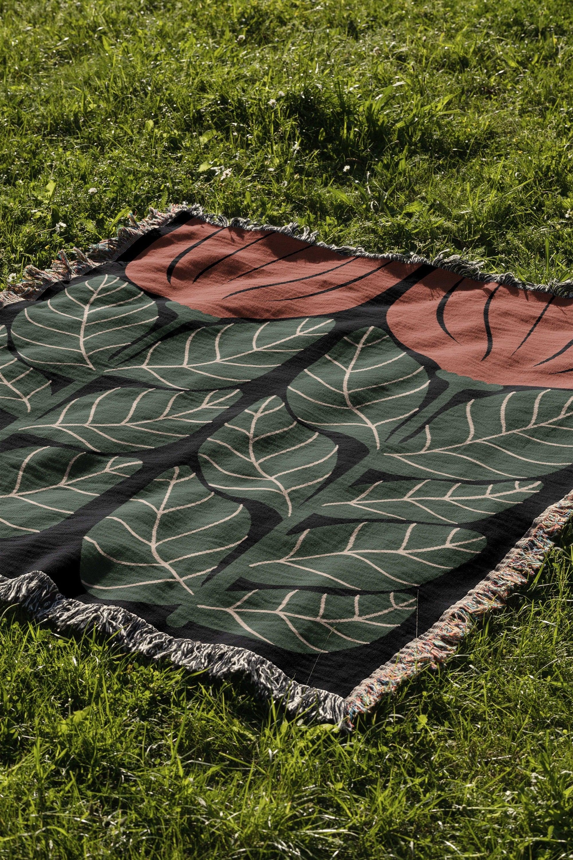 Terra Cotta And Green Matisse Flower Woven Cotton Throw Blankets