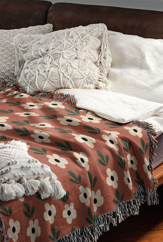 Boho Rust Vintage Floral Woven Cotton Throw Blankets