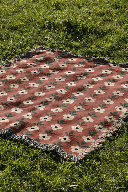 Boho Rust Vintage Floral Woven Cotton Throw Blankets