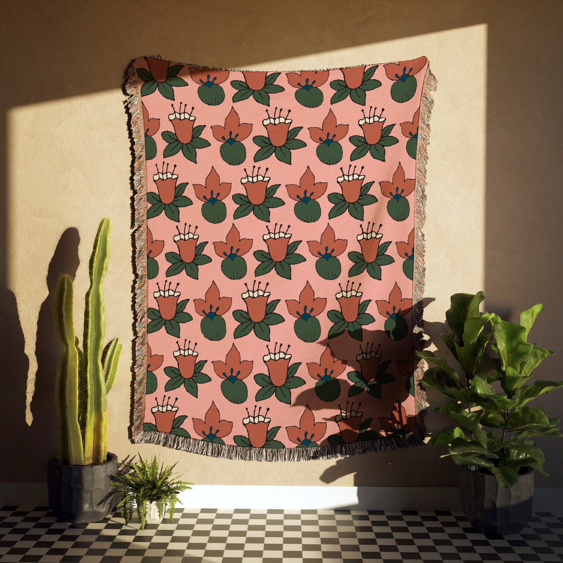 Pink And Orange Tropical Flower Woven Cotton Throw Blankets