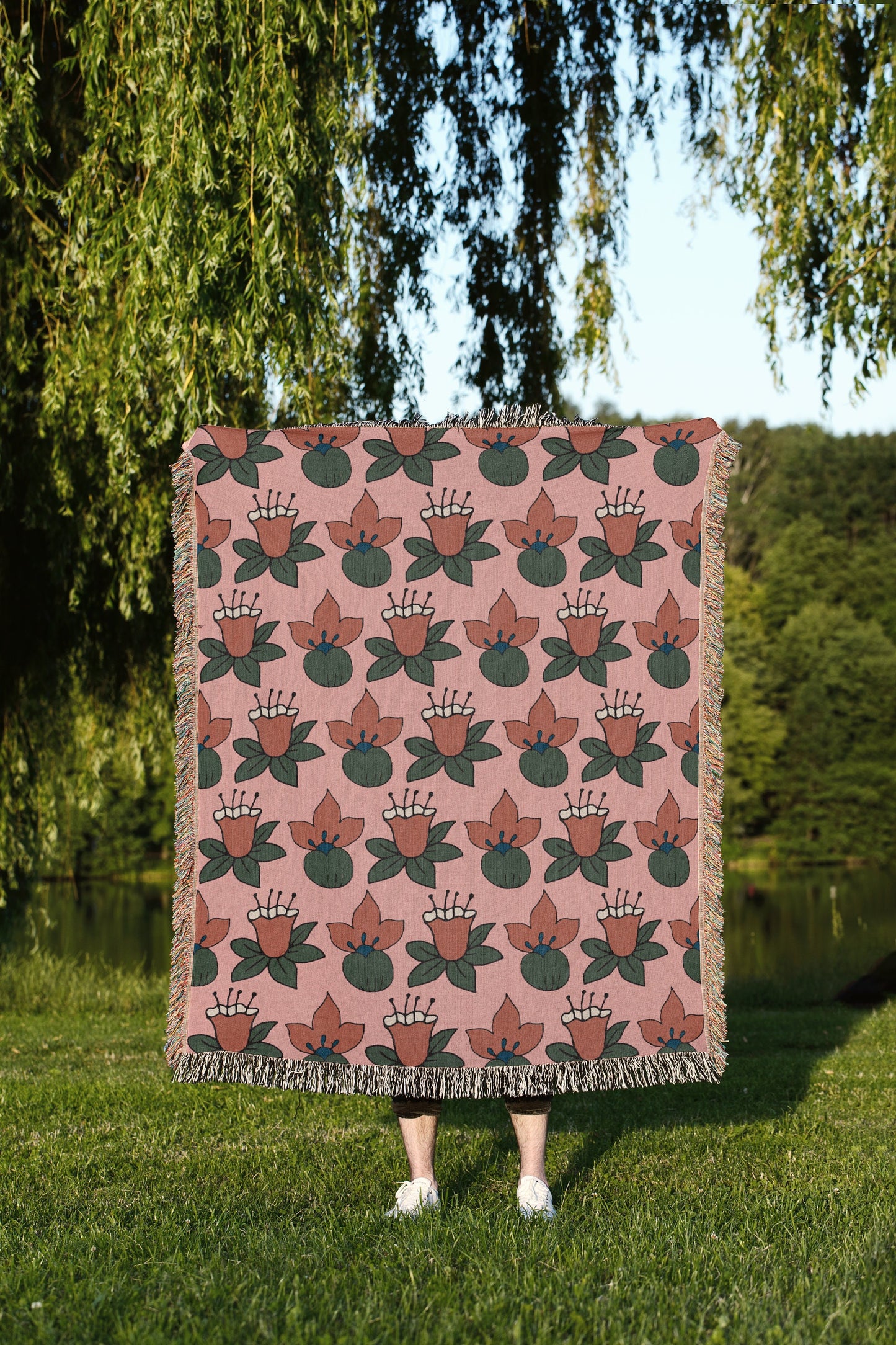 Pink And Orange Tropical Flower Woven Cotton Throw Blankets