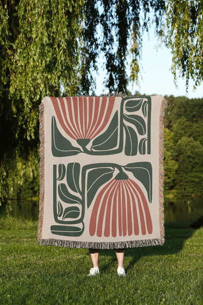 Beige Rust And Green 60s Hippie Matisse Floral Woven Blankets