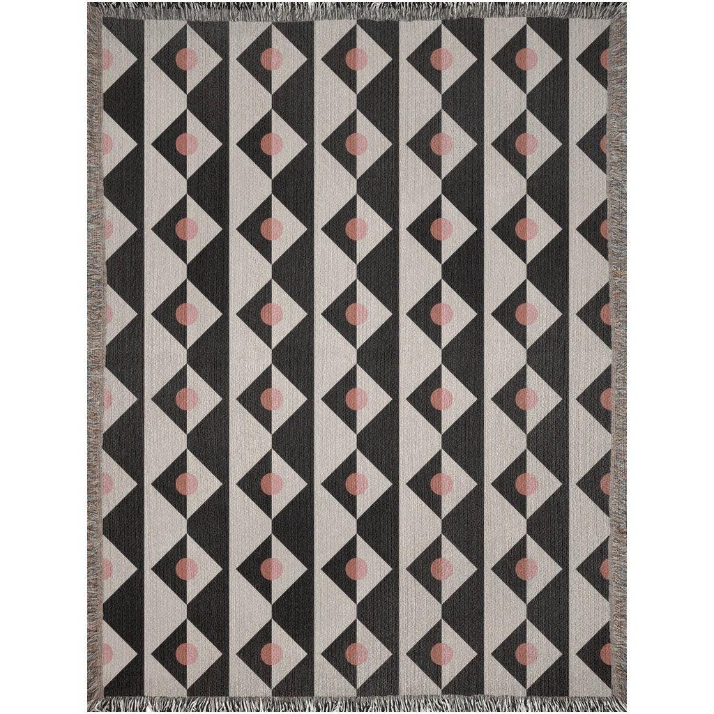 Black White Pink Geometric Checker Pattern Woven Cotton Throw Blankets