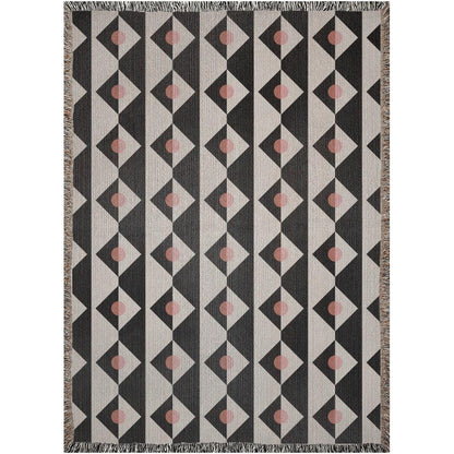 Black White Pink Geometric Checker Pattern Woven Cotton Throw Blankets