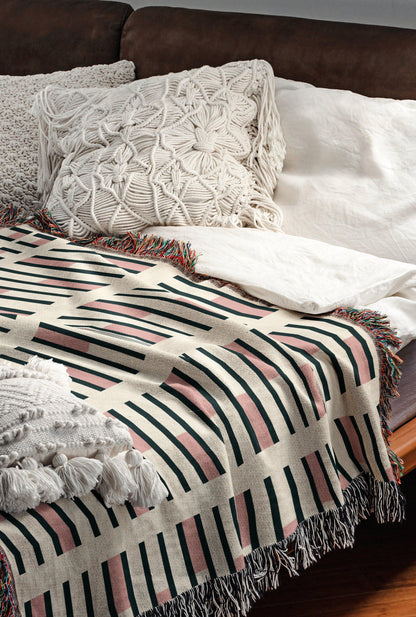 Pink And Beige Abstract Modern Stripes Woven Cotton Throw Blankets