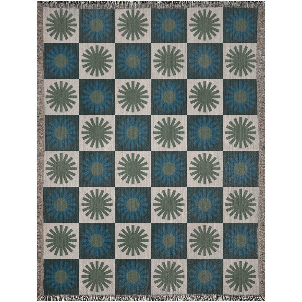 Blue Green Checker Minimalist Sun Woven Cotton Throw Blankets