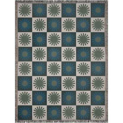 Blue Green Checker Minimalist Sun Woven Cotton Throw Blankets
