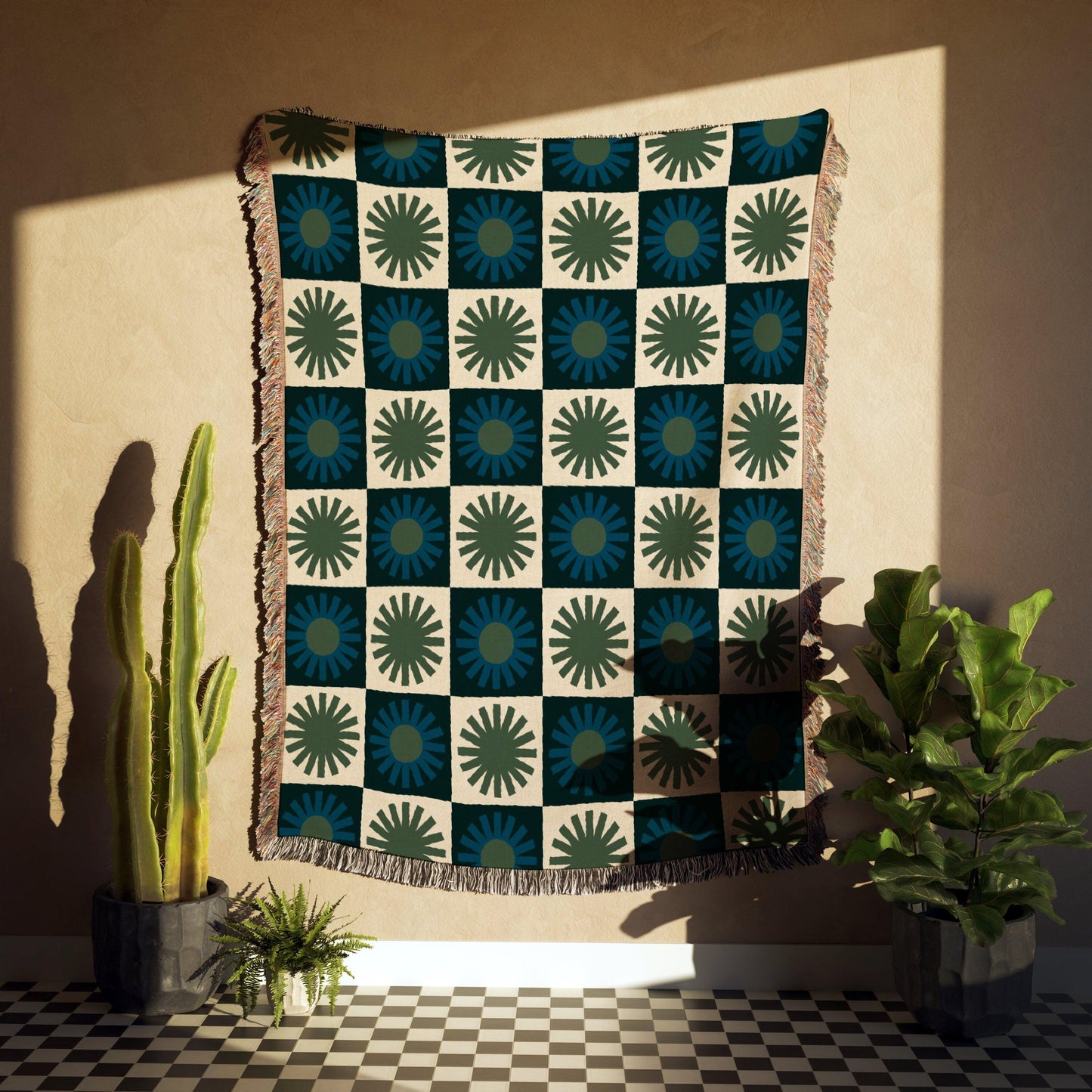 Blue Green Checker Minimalist Sun Woven Cotton Throw Blankets