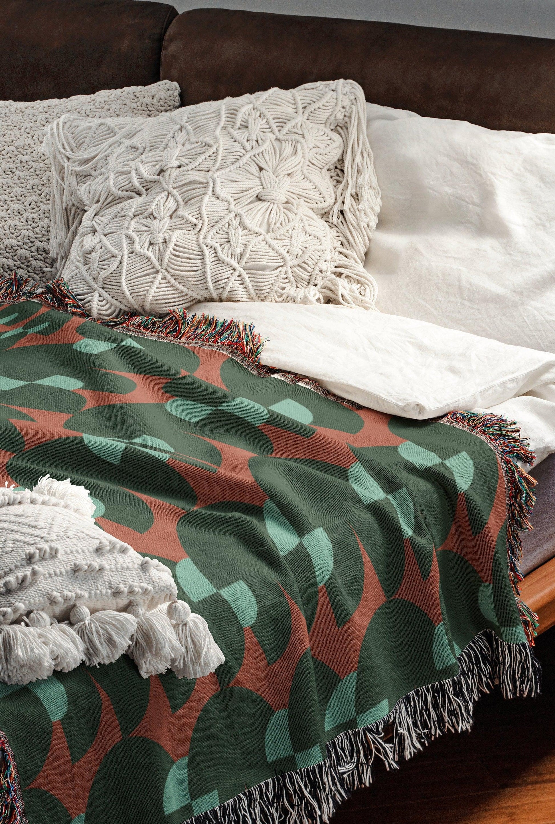 Green And Orange Geometric Pattern Woven Cotton Throw Blankets