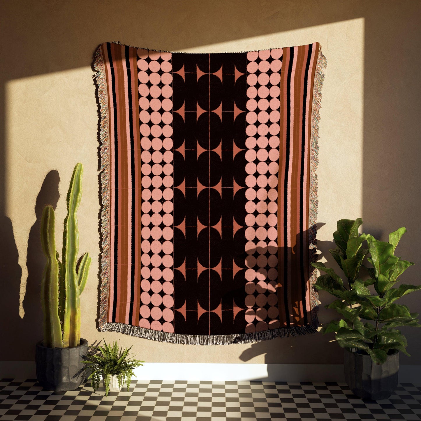 Pink Brown Black Stripes Geometric Bauhaus Woven Cotton Throw Blankets