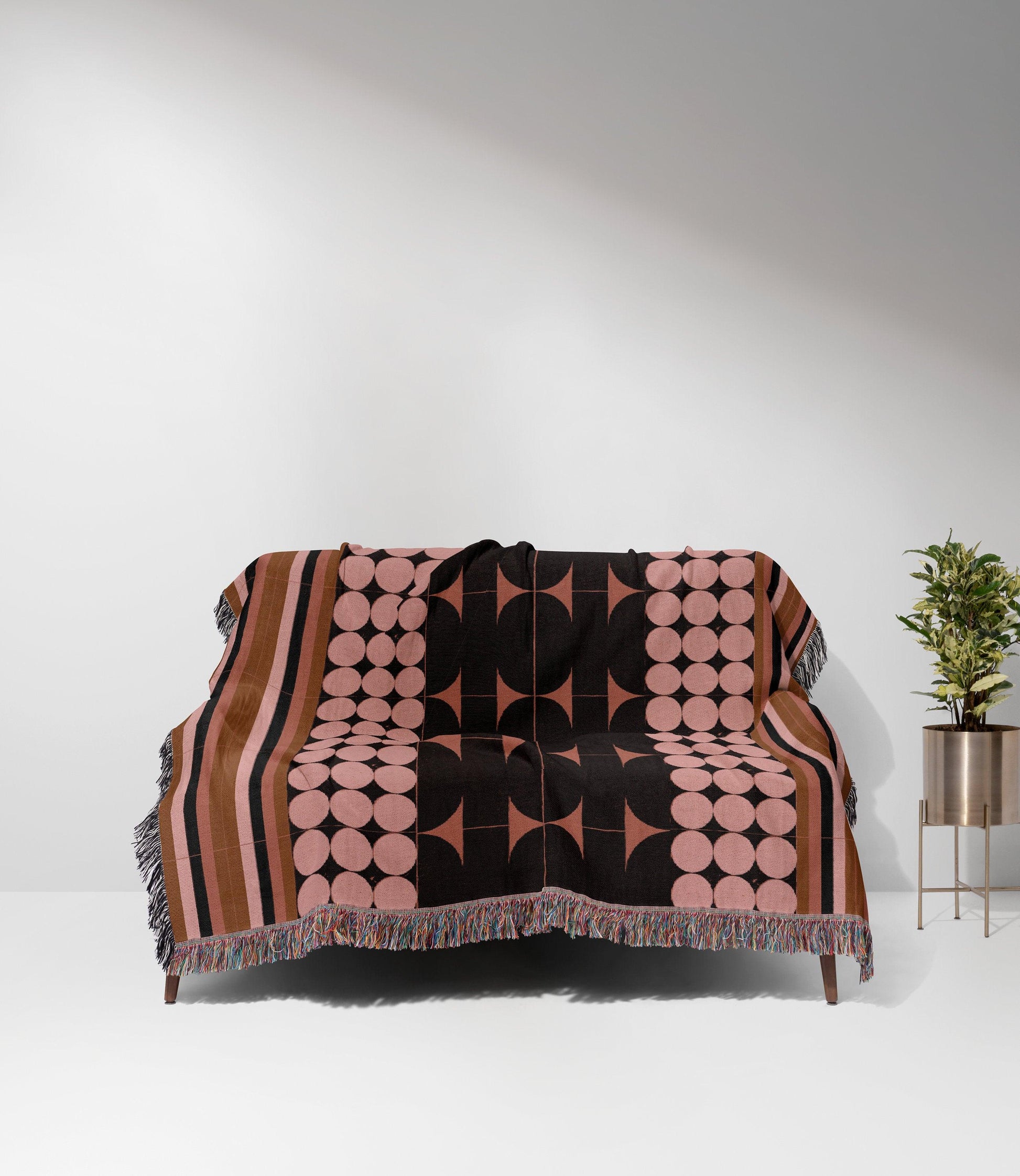 Pink Brown Black Stripes Geometric Bauhaus Woven Cotton Throw Blankets