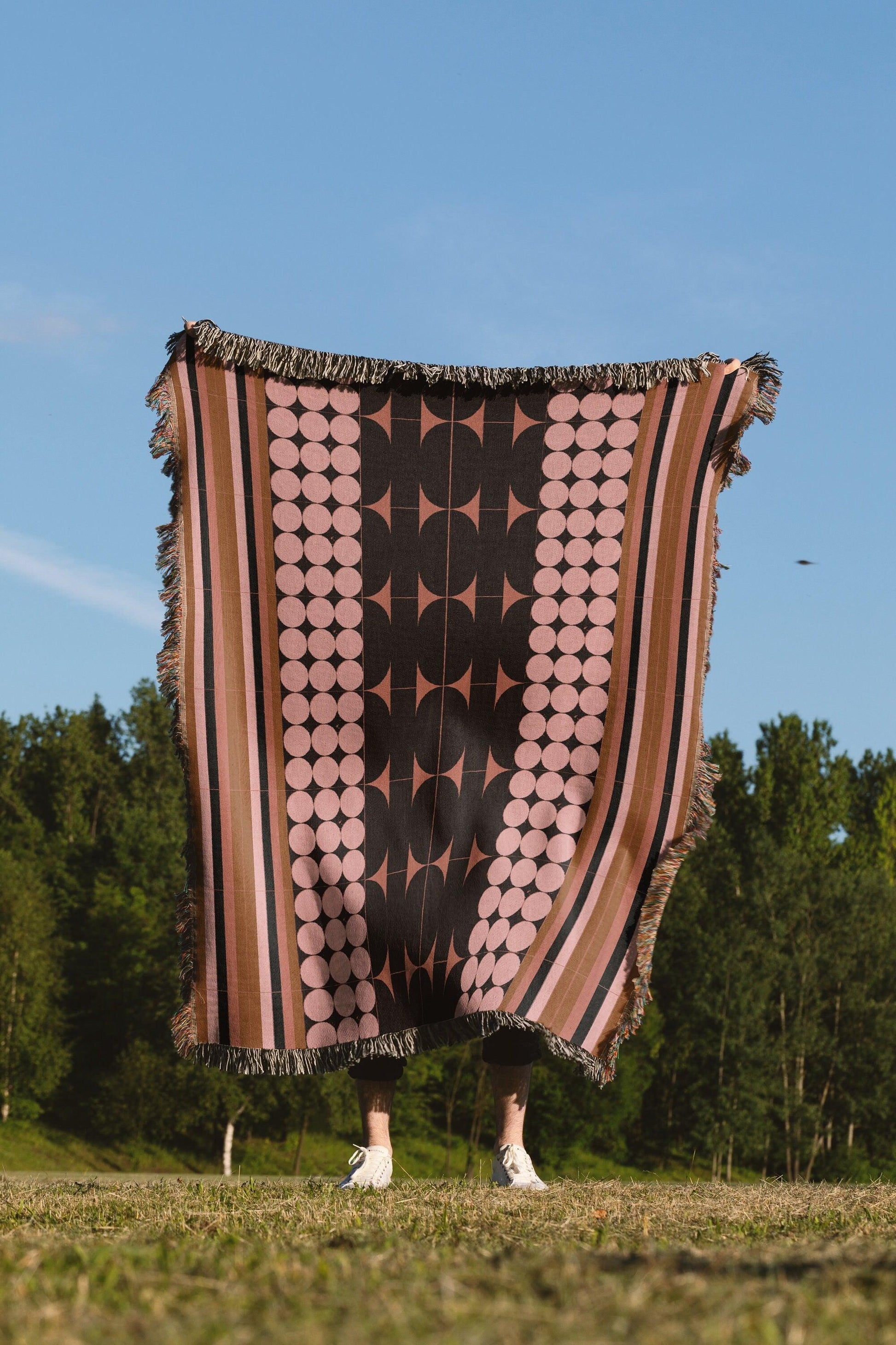 Pink Brown Black Stripes Geometric Bauhaus Woven Cotton Throw Blankets