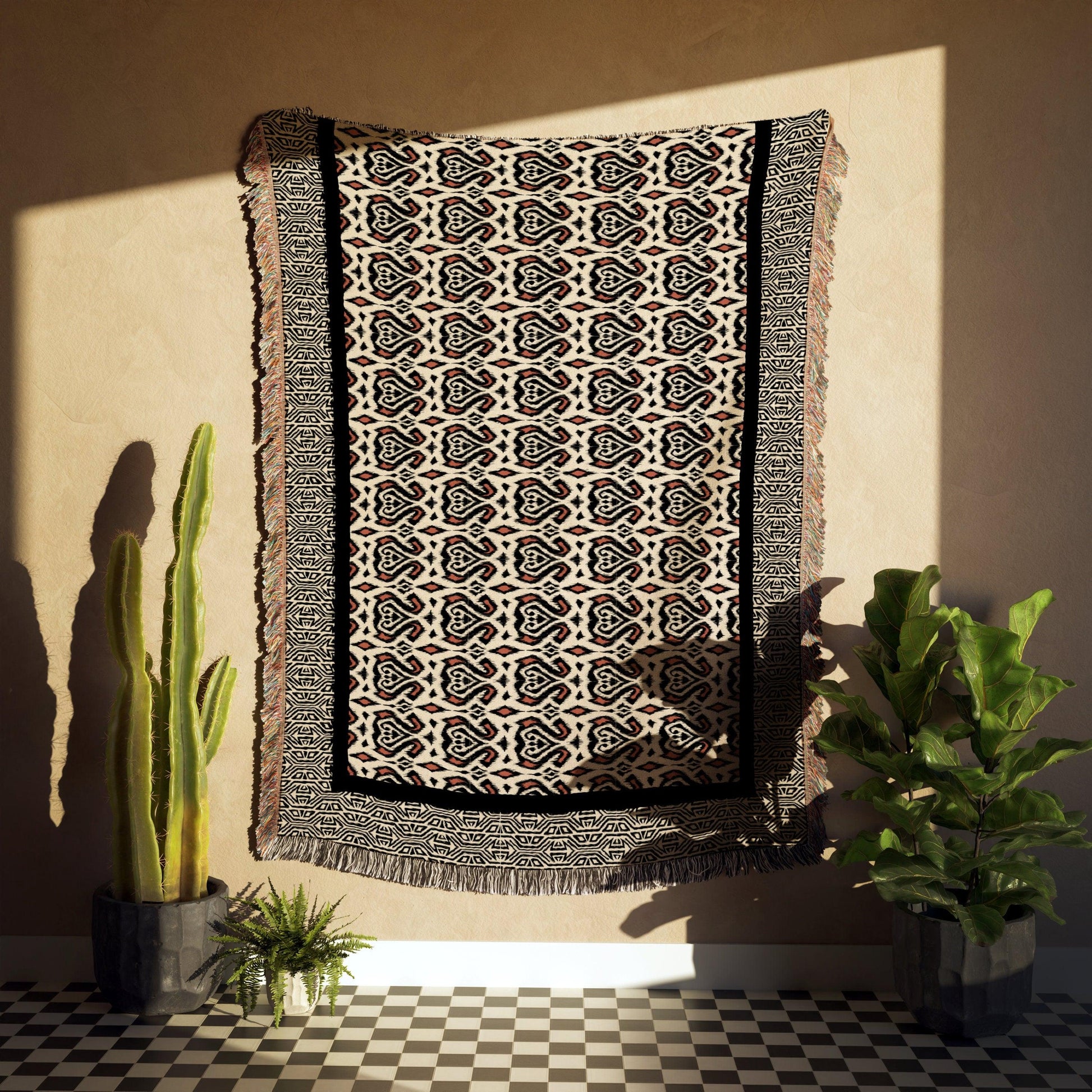 Orange Black Beige Ikat Pattern Woven Cotton Throw Blankets