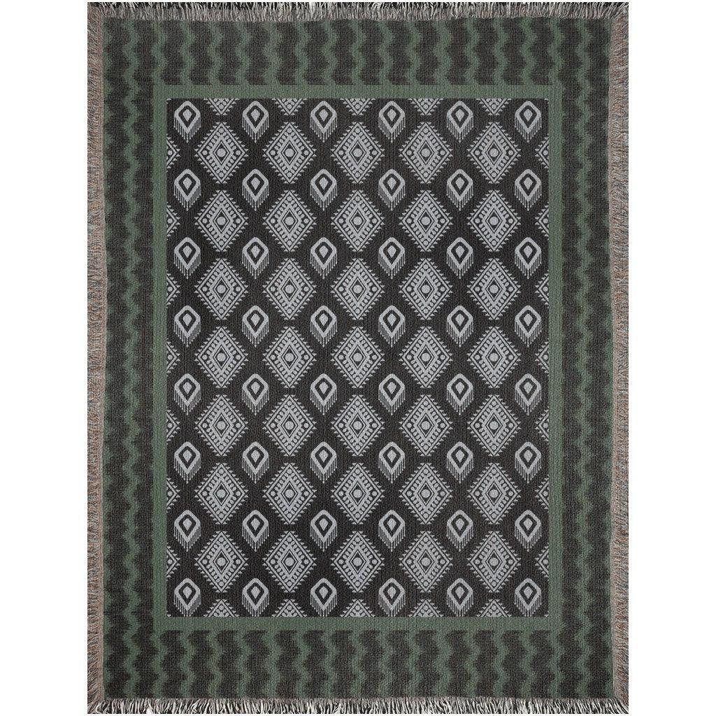 Green Blue Black Ikat Pattern Woven Cotton Throw Blankets